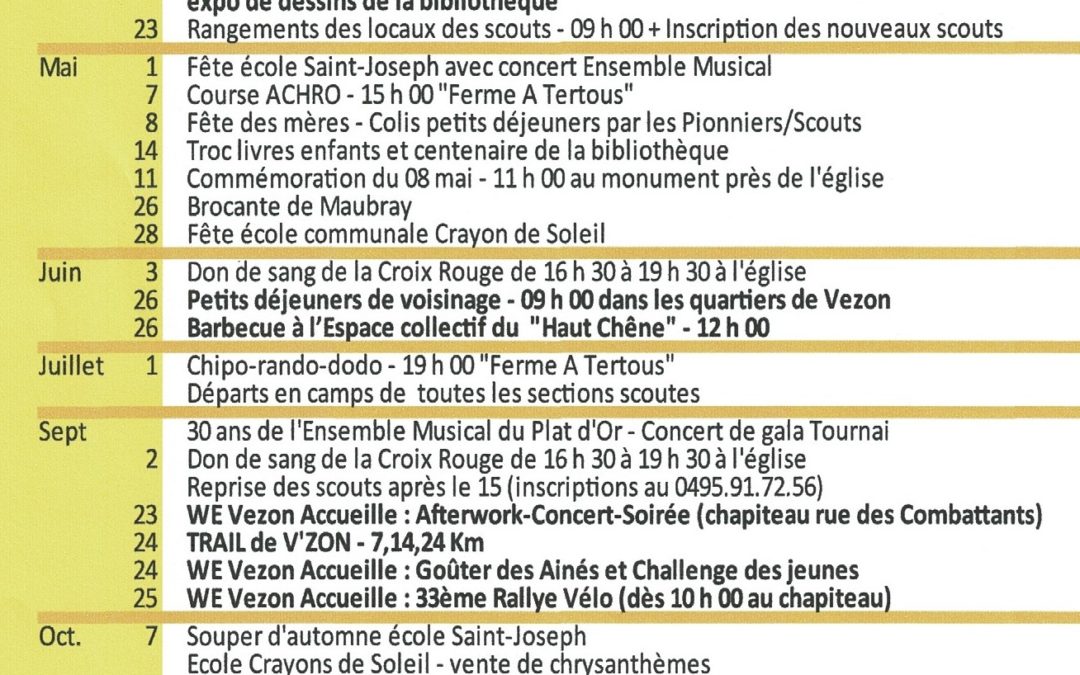 Calendrier des activités 2022