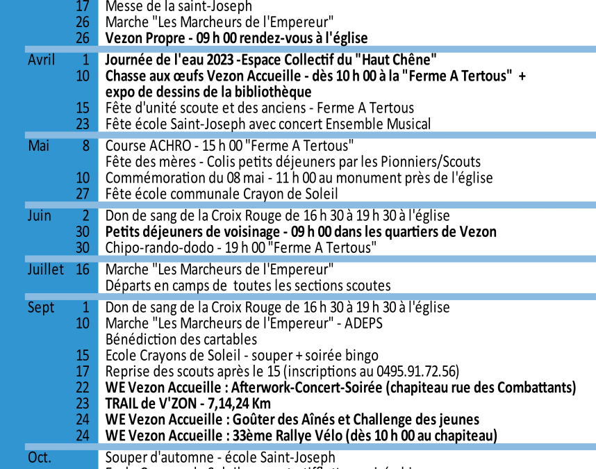 Agenda des activités 2023